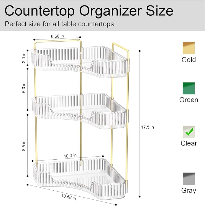 GTI 3-Tier Corner Bathroom Counter Organizer, Large Capacity Makeup Organizer Countertop, Perfume Cosmetics Skincare Vanity Organizers, Exquisite Countertop Storage for Women (Clear)