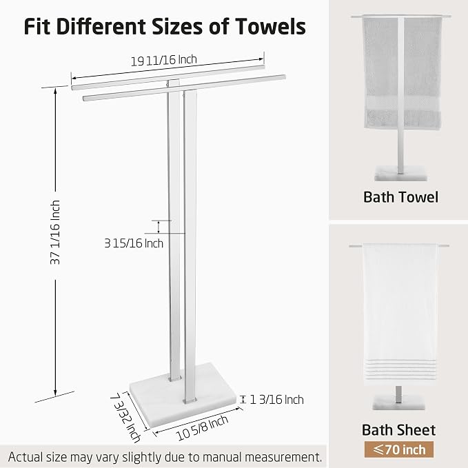 KES Standing Towel Rack, 37" H, 18/8 Stainless Steel & Marble Base Polished | Equal-Height Rods, 8.23 Lbs Heavy Base, Fits Towels Up To 70", Freestanding Design, Bathroom Floor, Modern