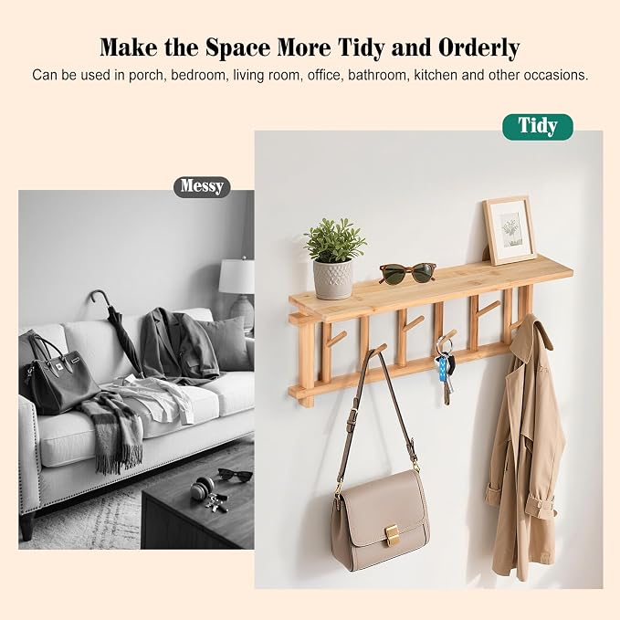 Key Holder for Wall with Shelf and 6 Rotating Key Hooks Bamboo | Key Hanger Wall-mounted with shelf decorative Coat Rack organizer for Rustic Entrances Hallway Living room Bedroom Kitchen