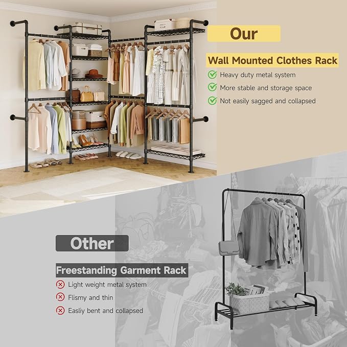ONBRILL L4 Wall Mounted Industrial Pipe Clothing Rack, Closet Organizer System with 6 Hanging Clothes Rods ( 4 Expandable Rods) & 8 Shelves, Heavy Duty Corner Garment Rack, Large Wardrobe - Black