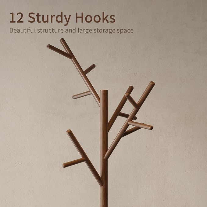 Coat Rack, Solid Wood Coat Rack Freestanding With 12 Hooks, Coat Tree Freestanding Heavy Duty 3 Adjustable Heights For Coat, Hats, Handbags, Coat Hanger Stand For Entryway, Bedroom, Walnut