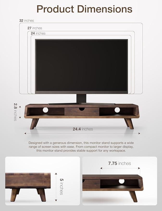 TINAMO Acacia Wood Monitor Stand with Drawer - Wooden Monitor Riser for Desk - Computer Monitor Stand for Desk - Multi-Purpose Desktop Storage Stand for Computer; Laptop; Printer; TV - 24.4 " x 8" x 5" (Walnut color) (Patented)