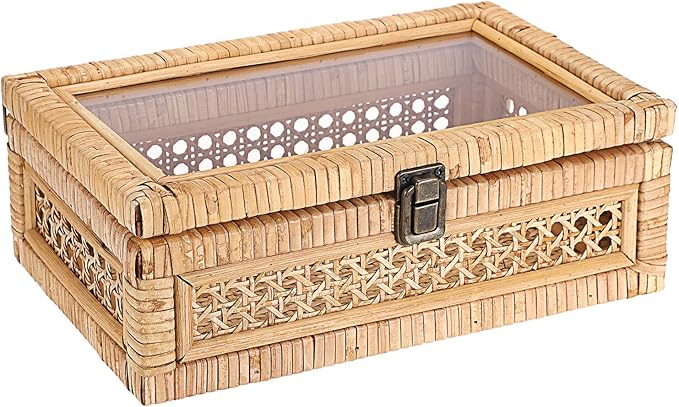 Hipiwe Rattan Display Box with Clear Lid Rectangular Wicker Storage Basket | Handwoven Natural Rattan Decorative Box with Metal Secure Latch, Small Shelf Organizer Basket Bin for Snacks Remotes