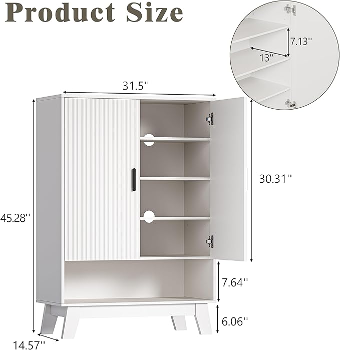 HUANLEGO Shoe Cabinet Storage for Entryway with Doors, White | 5 Tier Fluted Shoe Organizer with Adjustable Shelves, Shoe Storage with Wooden Legs, Freestanding Shoe Rack for Entryway
