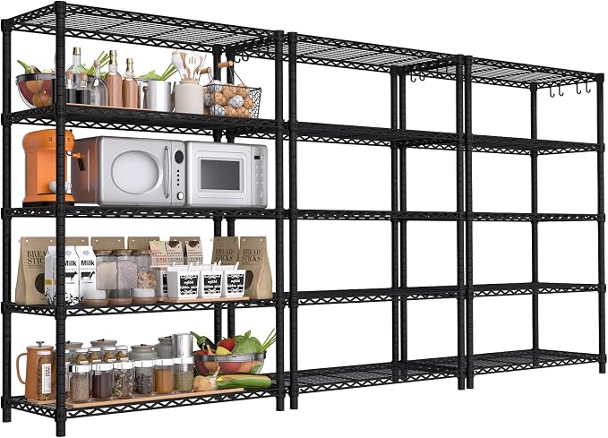 PrimeZone Wire Storage Shelves, 5-Tier Adjustable NSF Metal Shelving, 3 PCS | Alloy Steel Structure, 1250 LBS Capacity, Adjustable Leveling Feet, 4 Hooks, 35.5"W x 14"D x 72"H for Kitchen, Pantry, Closet
