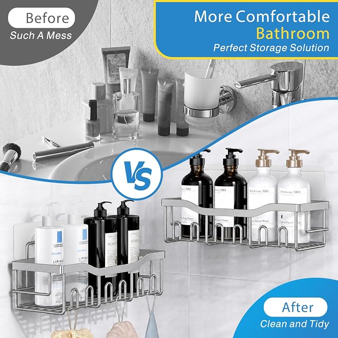 EUDELE 5-Pack Rustproof Stainless Steel Shower Caddy – No Drill Adhesive Bathroom Organizer with Large Capacity, Spacious Shower Shelves for Inside Shower, Kitchen & Home Decor Storage-XL Size