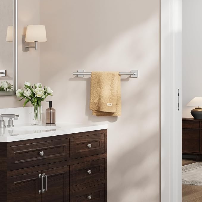 Brushed Nickel Towel Bar, 18 Inch Towel Racks for Bathroom | Thicken 304 Stainless Steel Towel Holder with Square Base, Towel Rod Wall Mounted, Modern Home Decor (Total Length 20 Inch)