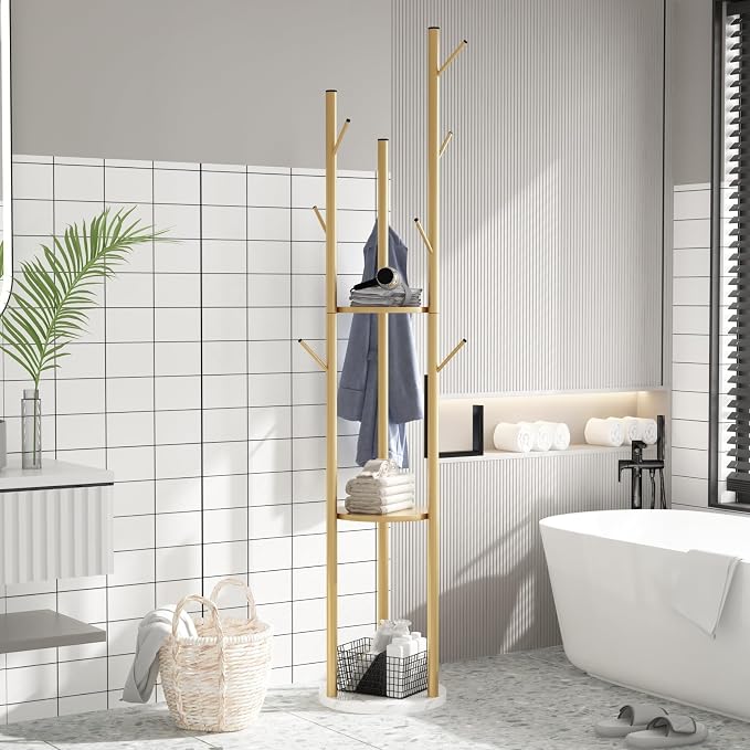 TIEOU Metal Coat Rack, Gold Coat Racks Freestanding with Shelves and Marble Base, Coat Tree with 9 Hooks for Scarves, Bags, Modern Coat Rack Stand for Entryway, Living Room, Bedroom, Easy Assembly