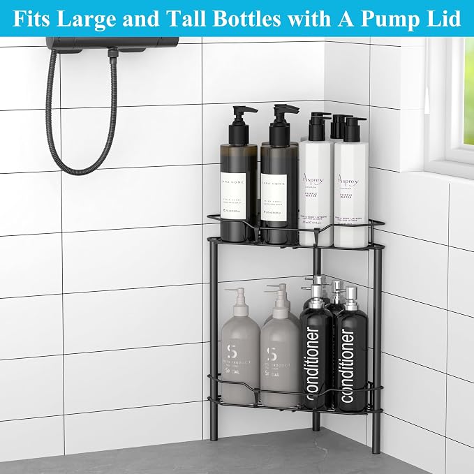HuggieGems 2 Tier Floor Standing Corner Shower Caddy Organizer Shelf with Hooks, Bathroom Shelves Stand Rack, Black