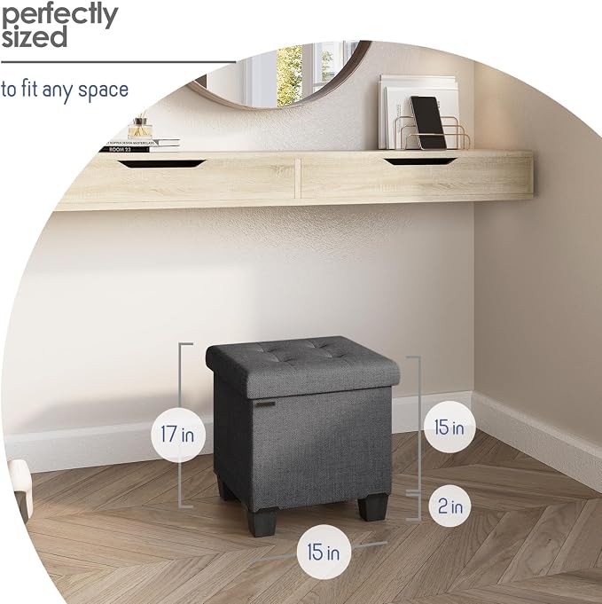 Storage Ottoman Cube with Small Bin, 15-in Square Ottoman with Storage for Living Room and Bedroom, Small Ottomans Foot Rest, Fabric Foot Stools Ottomans Max 330lbs, Grey