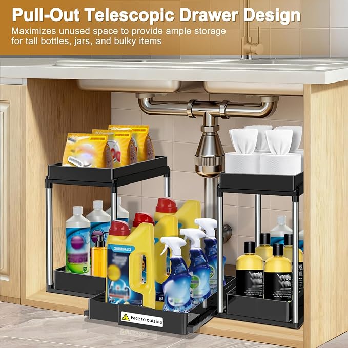 NIUXX Expandable Under Sink Organizer: 2 Tier Under Cabinet Organizer - Double Pull Out Shelf Under Sink Storage for Kitchen - Bathroom and Laundry Room - Space Saving