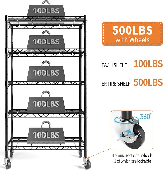 Hodonas Wire Shelving, 1900lbs Capacity 5 Tier Heavy Duty NSF Wire Shelf with Rolling Wheels Black Metal Storage Shelves Adjustable Wire Rack Unit 36"W x 14"D x 72"H for Kitchen Bathroom Garage Closet | 5 Tiers, Adjustable Metal Shelves, with Leveling ...