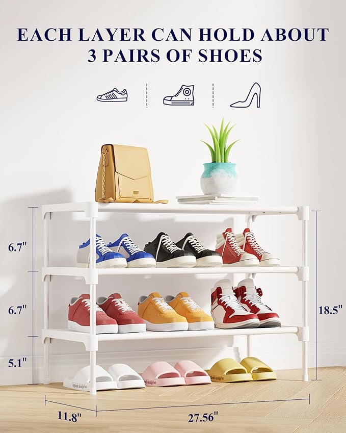 Kitsure Shoe Rack - Non-Woven Shoe Rack Shelf, Shoe Organizer for Closet, Entryway, Garage & Corridor, Stackable Shoe Shelves, 27.5" Wide - 3 Tier, White | Shoe Organizer for Closet, Entryway, Garage, Stackable Shoe Shelves, college dorm&apartment esse...