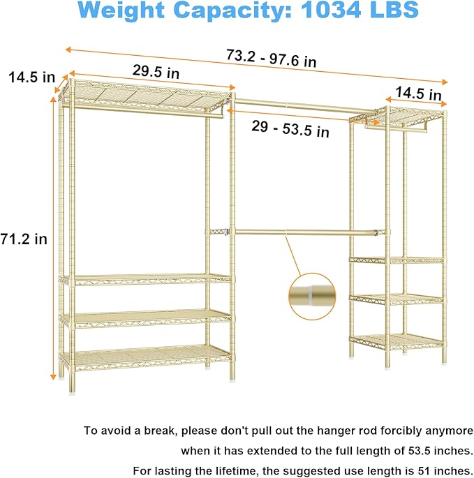 Ulif E11 Heavy-Duty Garment Rack, Metal Clothes Rack, Load 1034lbs, Gold | Freestanding Expandable Closet Storage Organizer System with 8 Shelves and 4 Hanger Rods, (73.2-97.6)"W x 14.5"D x 71.2"H
