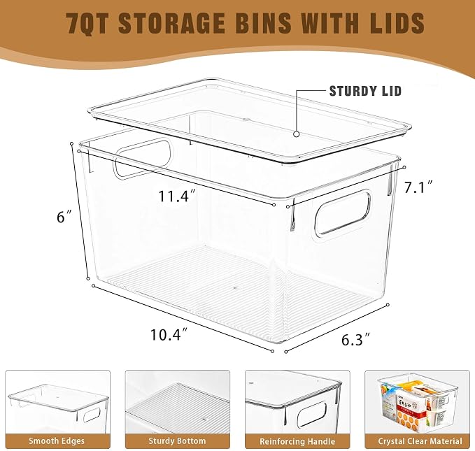 Freebat 12 Pack Clear Storage Bins with Lids, 7 Quart Pantry Organizer Bins | Stackable Plastic Storage Containers, Pantry Organization for Office, Bedroom, Cabinet, Fridge,Kitchen Organization