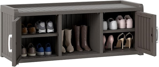 2-Tier Storage Bench, Waterproof UV-Resistant Outdoor Shoe Storage Cabinet with 2 Doors & Adjustable Shelves for Indoor Outdoor Entryway, Hallway, Living Room(Grey)
