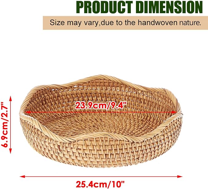 Hipiwe Natural Rattan Tray Wicker Storage Bowls Hand Woven Basket Tray for Bread Fruit Key Round Fruit Baskets for Kitchen Entryway Tabletop Decorative Baskets Bowl,10 Inches