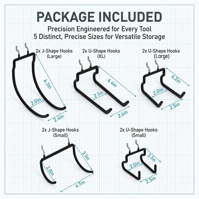 INCLY 10 Pack 1/4" Pegboard Drill Holder Tool Utility Hooks | Heavy Duty Pegboard Hooks, Peg Board Tool Hangers, for Power Tools, Drill, Hammer, Cords, Hoses, Shovels, Garage Storage