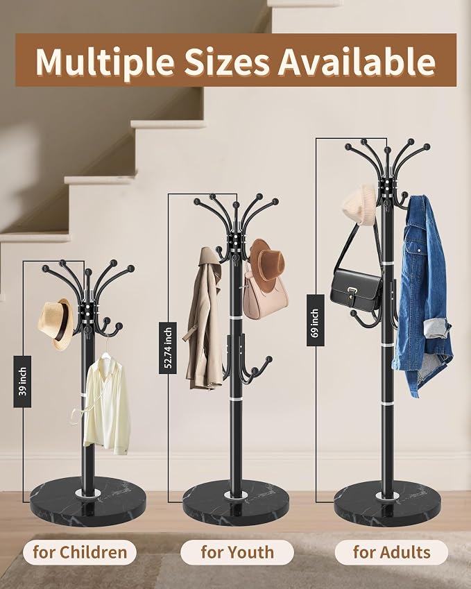 Modern Coat Rack Stand, 360° Rotary Metal Freestanding Coat Rack with Natural Marble Base, White Coat Racks and Coat Hanger Tree Jacket Stand with 14 Hooks for Office, Entryway, Hallway