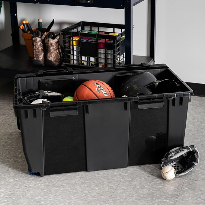 IRIS USA 2-Pack 32 Gal Heavy Duty Rolling Storage Totes with lids, Black | Integrated wheels make transporting heavy loads easier, Great for garages, workshops, camping gear and large equipment