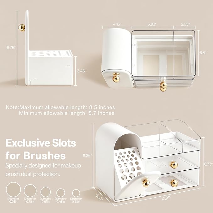 HBlife Makeup Organizer Countertop with Drawers, Vanity Organizers with Brush Holder, Bathroom Counter Organizer for Perfume, Nail Polishes, Lipsticks, Skincare and Eyeshadow Palettes, White and Clear