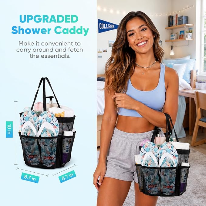 Mesh Shower Caddy Portable - 9 Pockets for College Dorm Room Essential | Large Capacity Mesh Shower Caddy with 9 Pockets, Portable Hanging Toiletry Bag for College Dorm, Gym, Camping and Beach