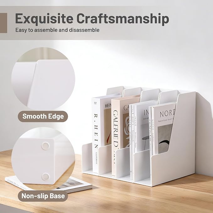 CiWiVOKi Vertical Magazine File Holder, 4 Pack, White | Desktop File Organizers for Magazines, Binders, Notebooks and Paperwork with Space-Saving Vertical Storage