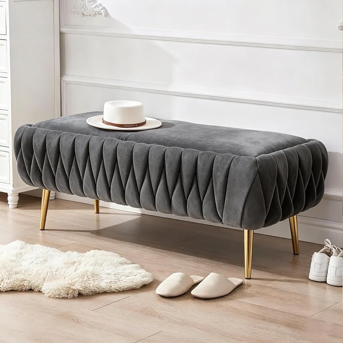 Bench for Entryway 41.3", Bedroom Benches for Foot of Bed, Ottoman with Storage for Bedroom, Upholstered Rectangular Ottoman for Living Room, Entryway, Holds up to 450 lb (Grey)