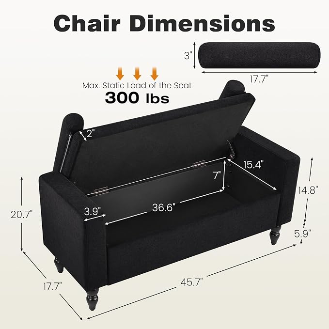 End of Bed Bench for Bedroom, 45.7" Linen Storage Ottoman Bench with Removable Pillows, Upholstered Entryway Bench with Solid Wood Legs, Storage Cabinet for Bedroom, Living Room, Entryway, Black