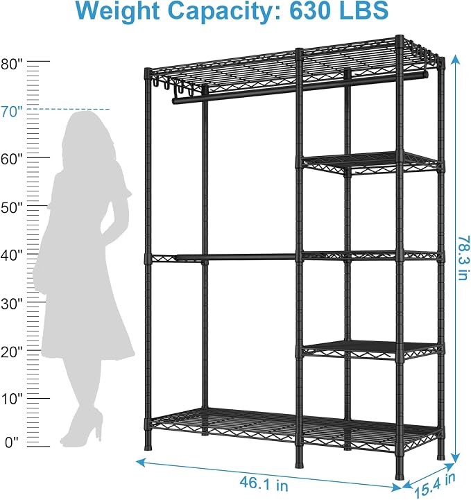 F2 Clothes Rack, 5 Tiers Heavy Duty Garment Rack for Bedroom | Freestanding Adjustable Closet Storage Organizer, Portable Clothing Wardrobe, 46.1"W x 15.4"D x 78.3"H, Load 630lbs, Black