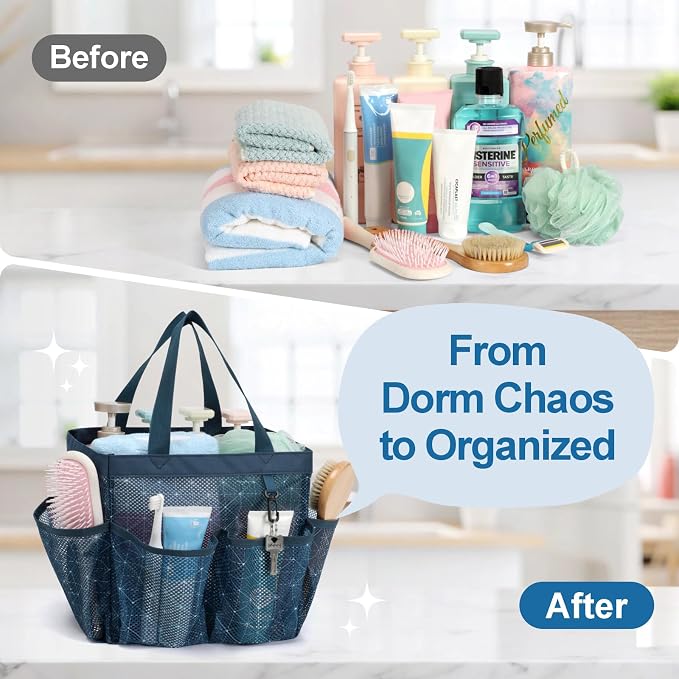 Mesh Shower Caddy Portable - 8 Pockets, S-Hook, Shower Bag for Dorm Camping | 2-Handle, Quick-Dry, Toiletry Organizer, College Dorm Room Essentials for Girls, Gym, Travel & Bathroom, Starlight Navy
