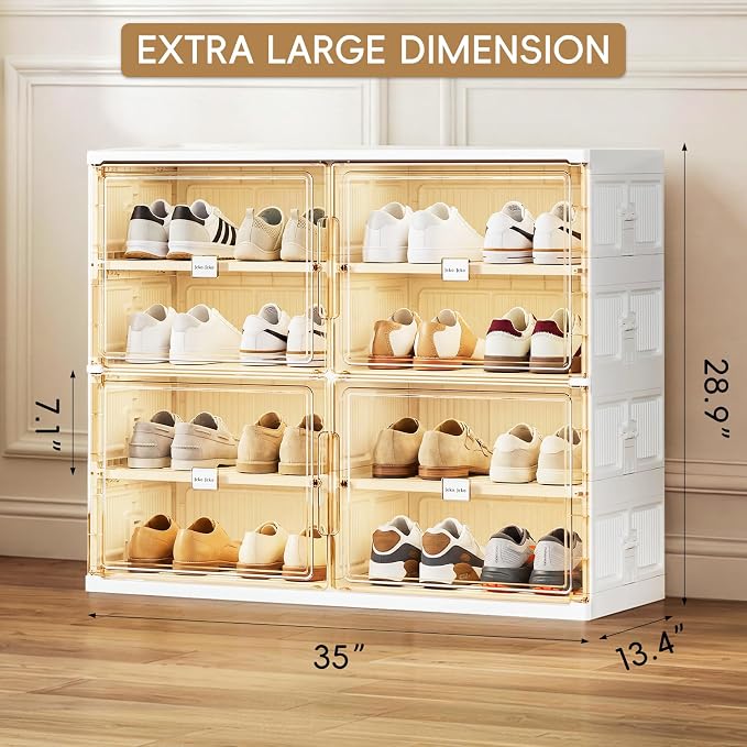 JEKO&JEKO 4 Tiers Foldable Shoe Rack Organizer Cabinet for Closet Entryway, Large Collapsible Shoe Storage Box with Magnetic Doors Fits Up to 16 Pairs (White)