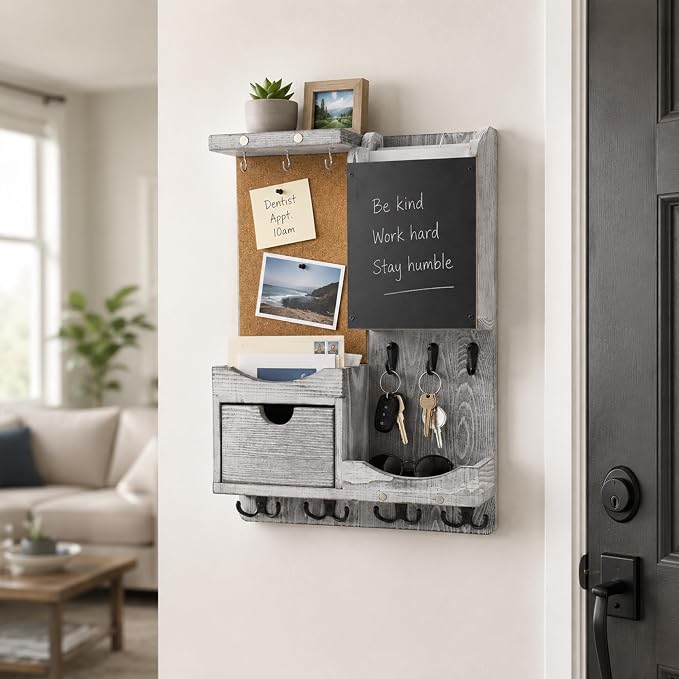 Key Holder Wall Mount， Mail Organizer Key Holder for Wall with Shelf, Drawer, Chalkboard, Corkboard, Home Decor Wall Mounted for Room Entryway(Grey)