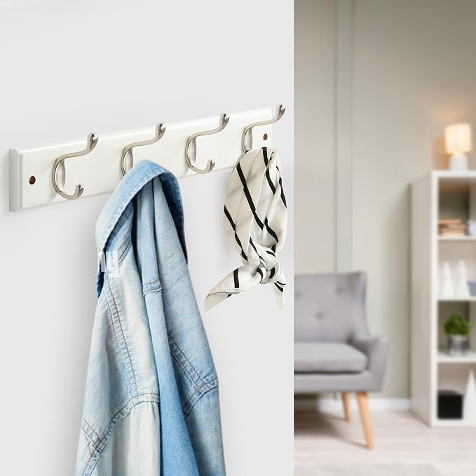 GlazieVault Coat Hooks Wall Mounted - MDF Board Nickel Hook Coat Rack(2 Pack) - Heavy Duty White -Coat Hooks for Wall Clothes Hooks and Wall Hooks