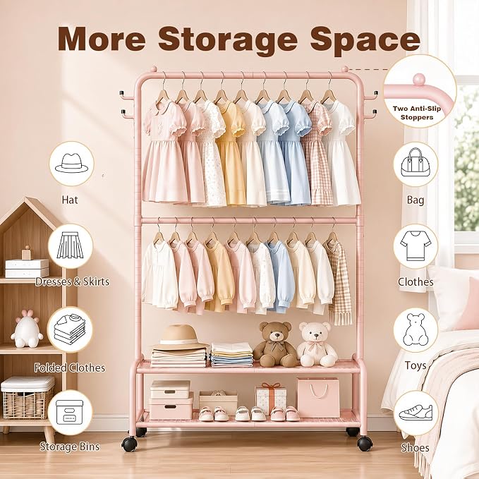 Rolling Kids Clothing Rack: 360° Wheels 2 Lockable for Easy Moving | 44 lb Hanging Capacity Metal Garment Rack with 2 Storage Shelves & 4 Hooks for Baby Toddler Young Kids, Pink