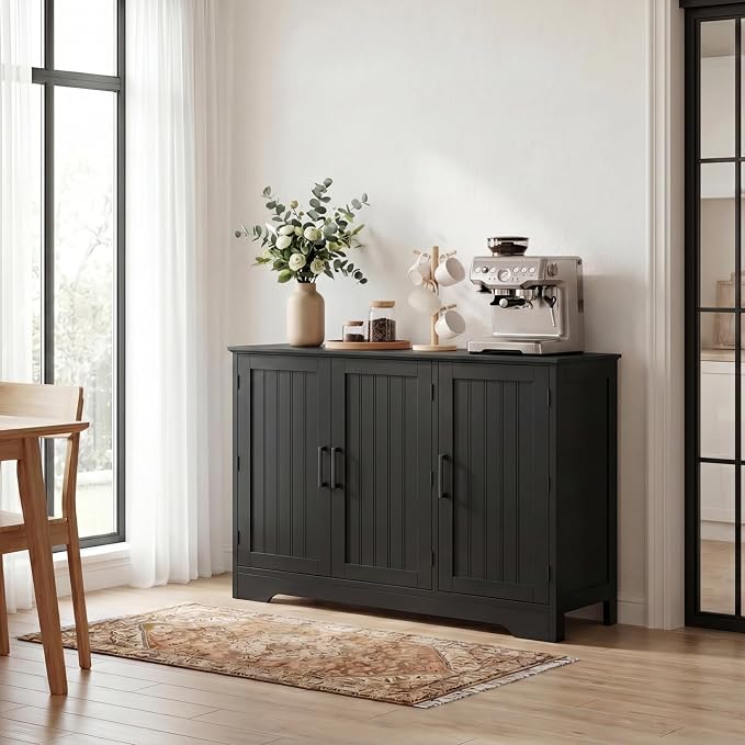 ChooChoo Modern Sideboard Buffet Cabinet with Adjustable Shelves | Coffee Bar Storage Cabinet, 3 Doors, for Kitchen, Dining Room, Living Room, Black