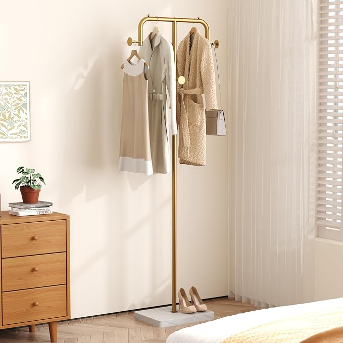 HOMEFORT Coat Rack, Freestanding Metal Coat Racks, Coat Tree Stand with 4 Hooks for Closet, Bedroom, Entryway, Living Room, Gold
