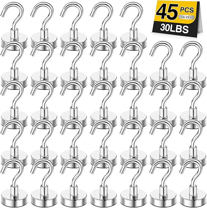 DIYMAG Magnetic Hooks 45pcs 30lbs Cruise Essentials 2026 Magnet Hook | Neodymium Heavy Duty Strong Magnets Hanging Ship Cabins Refrigerator Fridge Classroom Beach Vacation Kitchen Grills Home Tool