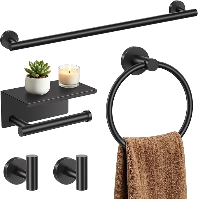 TURS Matte Black 5-Piece Bathroom Hardware Set Towel Bar Set SUS304 Stainless Steel Towel Racks for Bathroom Wall Mounted, 23.6-Inch