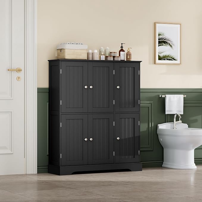 ChooChoo Bathroom Floor Cabinet with 6 Doors and Adjustable Shelves | Modern Bathroom Storage Cabinet, Freestanding Cupboard for Living Room, Black