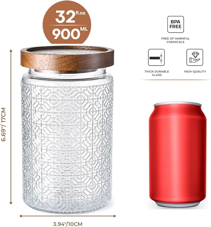 Adodeen Glass Storage Containers With Lids, Glass Jars With Lids, 32OZ | Airtight Glass Food Storage Containers, Kitchen Canisters For Sugar, Coffee, Tea, Spice, Flour, Candy, Pasta, Cereal