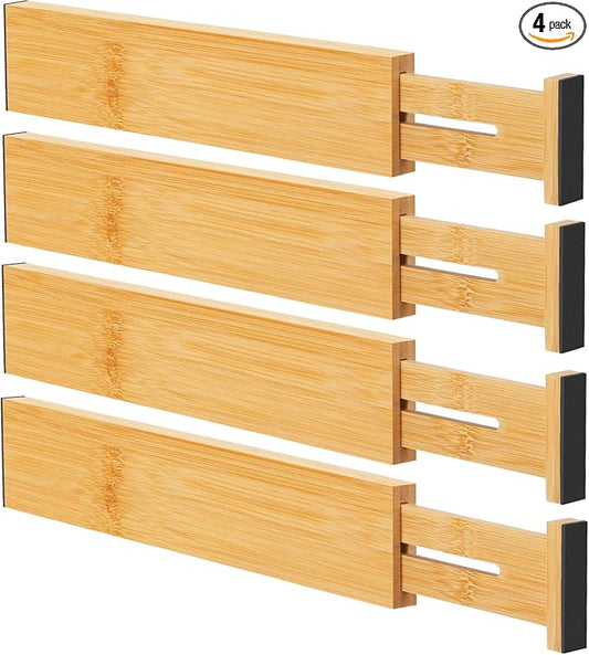 Bamboo Drawer Dividers, Adjustable Drawer Organizers, Fits 12.6–16" Drawers | 2.5" High, 4 Pack Expandable Drawer Separators for Kitchen, Nursery, Dressers & Office Storage, Natural