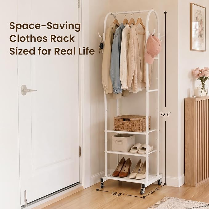 Cesun Heavy Duty Clothes Rack with 3-Tier Mesh Shelves & 8 Hooks, White | Space-Saving Design, Lockable Wheels, Easy Assembly, Stainless Steel, Small Garment Rack for Entrance/Bedroom/Living Room