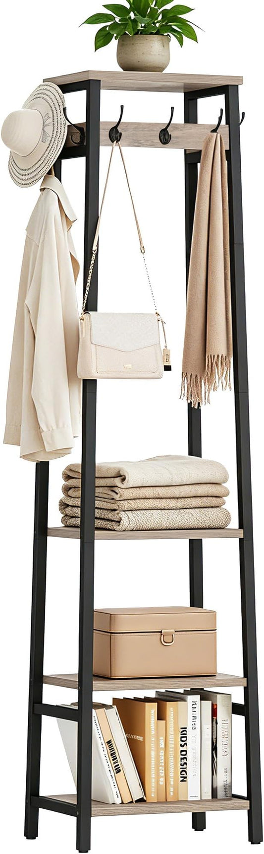 Coat Rack Freestanding with 3 Shelves and 7 Hooks | Coat Stand, Hall Tree Free Standing, Clothes Rack Stand Organizer, Industrial Style, Greige and Black