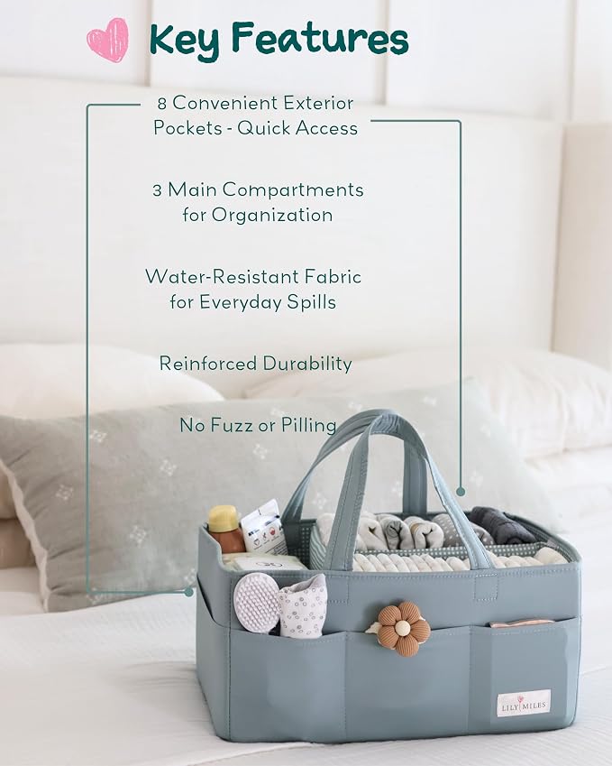 Baby Diaper Caddy Organizer, Wipeable Diaper Organizer Basket with 8 Pockets for Newborn Essentials, Nursery Tote Bag for Changing Table & Car Organization (Willow Green, Large)