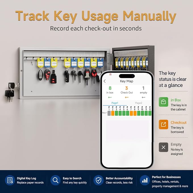 24 Key Lock Box Smart Key Organier Cabinet with Keypad & App for Office | Wall Mounted Lockbox use App, Custom & One Time Password, WiFi (Need W100 Bridge) Unlock for School, Office, Fleet, Hotel