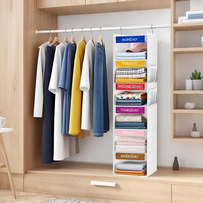 Weekly Clothes Organizer for Kids, 6-Shelf Hanging Closet Organizer with Colorful Labels, Space Saving Design with 2 Pockets, Daily Hanging Closet Shelves for Kids Room Storage, White
