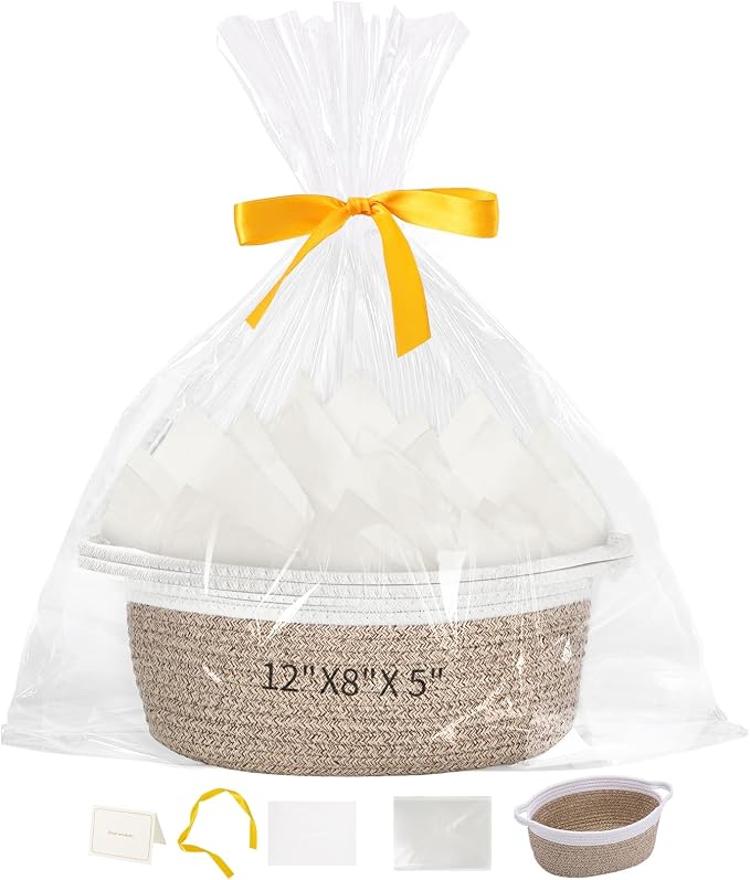 woric Small Woven Storage Basket Dog Toy Baskets for Gifts Empty | Cotton Rope Basket with Handle Graduation Decorative Baskets (Brown 12"X 8" X 5" with Gift Bag Card Ribbon Tissue Paper)