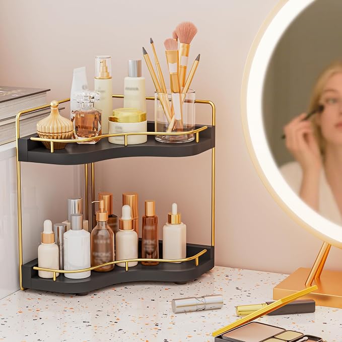 2-Tier Corner Bathroom Counter Organizer, Larger Size | Embedded Screw Holes, Sturdy & Stable, Oversized, Holds More, Vanity Shelf for Makeup & Skincare