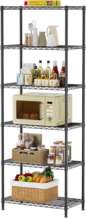 SINGAYE 6 Metal Shelves Wire Shelving Storage Shelf Adjustable Unit Pantry | 6 Tier Kitchen Laundry Room Organization Home Pantry Closet Bathroom Organizers Garage Rack 14" D x 24" W x 72" H Black